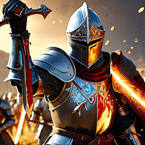 **

A powerful knight, clad in shining armor, wielding a gleaming sword that crackles with energy. The background features a vibrant battlefield scene with particle effects. Focus on the knight's determined expression and the intricate details of the sword. The style should be high fantasy with a touch of realism. Include "Seven Knights" in subtle text on a banner.

**