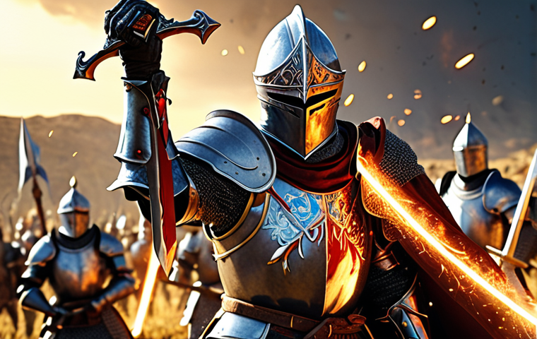 **
A powerful knight, clad in shining armor, wielding a gleaming sword that crackles with energy. The background features a vibrant battlefield scene with particle effects. Focus on the knight's determined expression and the intricate details of the sword. The style should be high fantasy with a touch of realism. Include "Seven Knights" in subtle text on a banner.
**