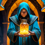 A determined fantasy hero, gender-neutral, wearing modest, practical adventurer attire, carefully collecting glowing magical essences from crystalline formations within a brightly lit, ancient fantasy dungeon chamber. Subtle magical energy emanates from the formations. The hero holds a small, ornate container, showcasing well-formed hands. professional photography, high quality, vibrant colors, clear focus, fully clothed, modest clothing, appropriate attire, professional dress, safe for work, appropriate content, family-friendly, perfect anatomy, correct proportions, natural pose, proper finger count, natural body proportions.