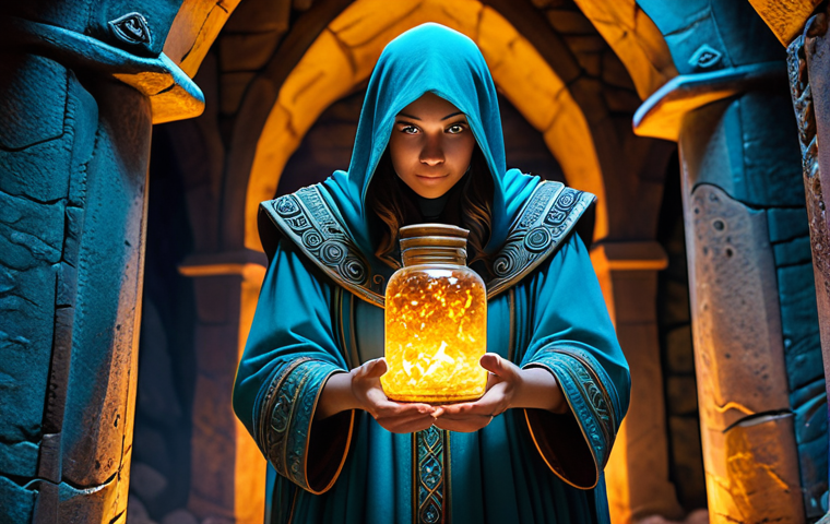 A determined fantasy hero, gender-neutral, wearing modest, practical adventurer attire, carefully collecting glowing magical essences from crystalline formations within a brightly lit, ancient fantasy dungeon chamber. Subtle magical energy emanates from the formations. The hero holds a small, ornate container, showcasing well-formed hands. professional photography, high quality, vibrant colors, clear focus, fully clothed, modest clothing, appropriate attire, professional dress, safe for work, appropriate content, family-friendly, perfect anatomy, correct proportions, natural pose, proper finger count, natural body proportions.