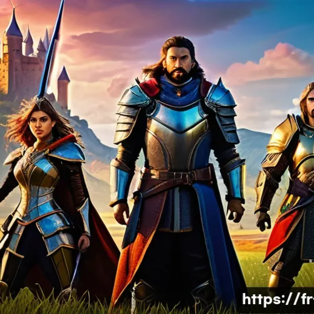 세븐나이츠 유료 패키지 리뷰 - A dynamic fantasy RPG scene showcasing a team of diverse heroes in detailed armor and vibrant costum...
