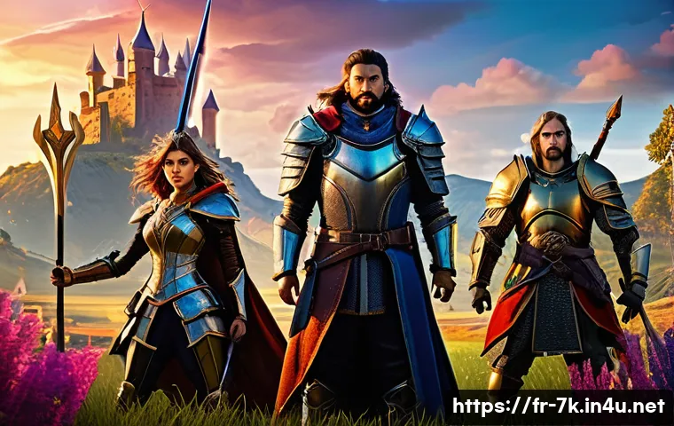 세븐나이츠 유료 패키지 리뷰 - A dynamic fantasy RPG scene showcasing a team of diverse heroes in detailed armor and vibrant costum...
