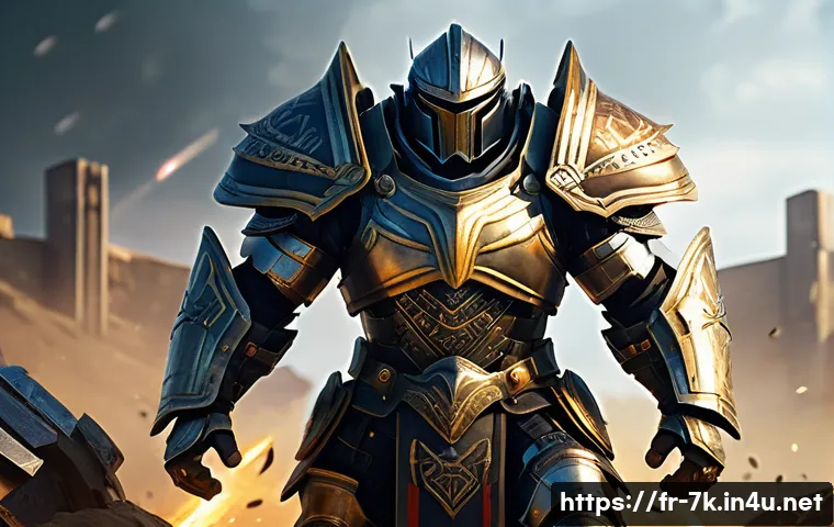 세븐나이츠 캐릭터 커스터마이징 팁 - A heroic fantasy tank character clad in heavy, intricately detailed reinforced armor with large shie...