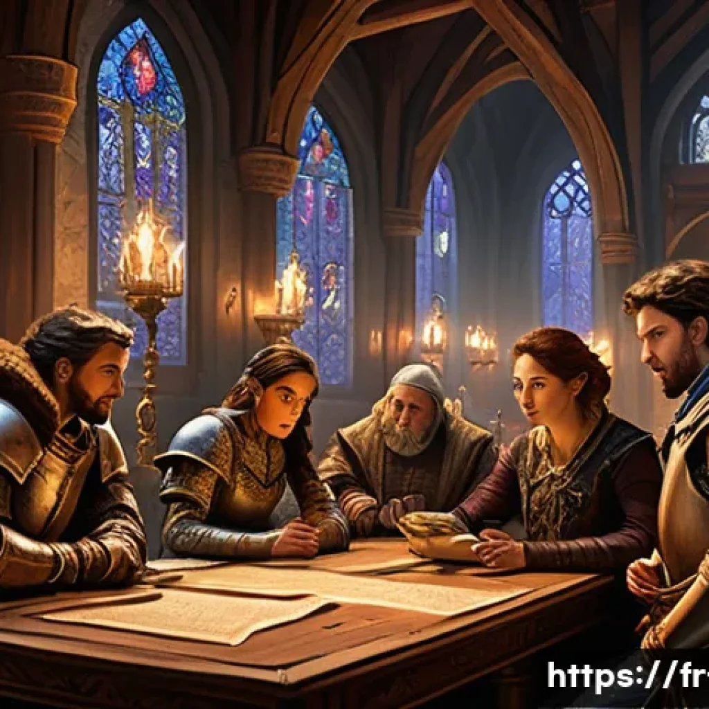 세븐나이츠 무과금 플레이 방법 - A dynamic scene depicting a French-themed fantasy guild hall bustling with diverse heroes in detaile...