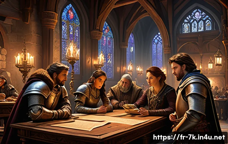 세븐나이츠 무과금 플레이 방법 - A dynamic scene depicting a French-themed fantasy guild hall bustling with diverse heroes in detaile...