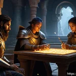 세븐나이츠 게임 내 비밀 퀘스트 - A fantasy RPG scene featuring a group of diverse heroes strategically solving intricate puzzles in a...