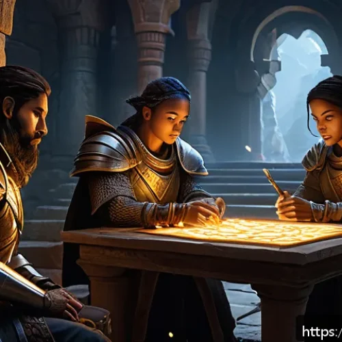 세븐나이츠 게임 내 비밀 퀘스트 - A fantasy RPG scene featuring a group of diverse heroes strategically solving intricate puzzles in a...