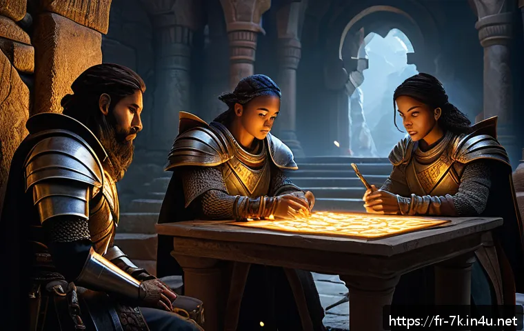 세븐나이츠 게임 내 비밀 퀘스트 - A fantasy RPG scene featuring a group of diverse heroes strategically solving intricate puzzles in a...