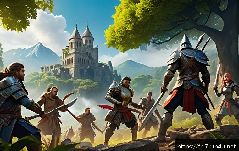 세븐나이츠 시나리오 모드 리뷰 - A detailed fantasy battle scene from a mobile RPG game, featuring a diverse team of heroes with dist...