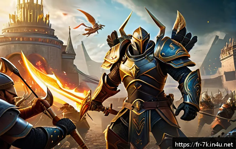 세븐나이츠 고급 공략 - A dynamic fantasy battle scene featuring a diverse team of heroes synergizing their abilities on a v...