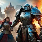 세븐나이츠 팀 시너지 계산법 - A dynamic fantasy battle scene featuring a diverse team of heroes in detailed armor representing cla...