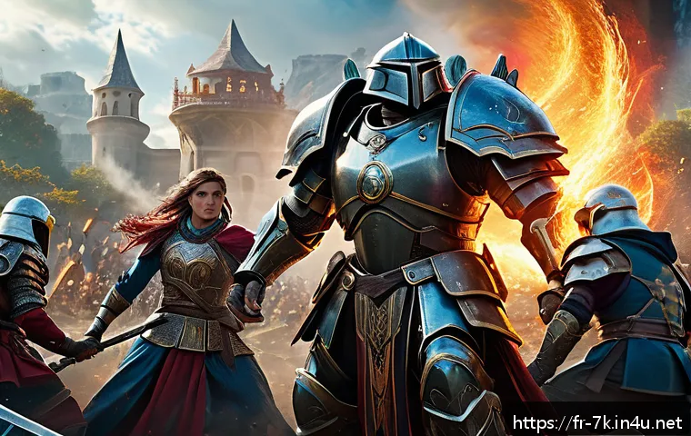 세븐나이츠 팀 시너지 계산법 - A dynamic fantasy battle scene featuring a diverse team of heroes in detailed armor representing cla...