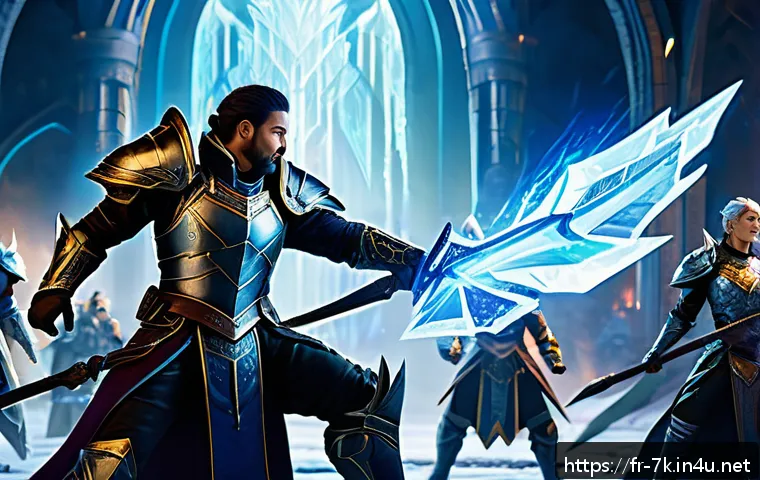 세븐나이츠 영웅 스킬 조합 - A dynamic fantasy battle scene featuring a diverse team of heroes in detailed armor and battle gear,...