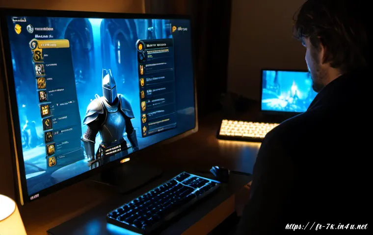 Home 17 세븐나이츠 주요 시스템 소개 - Photorealistic cinematic gaming desk in a Paris apartment at evening, a French adult player viewing ...
